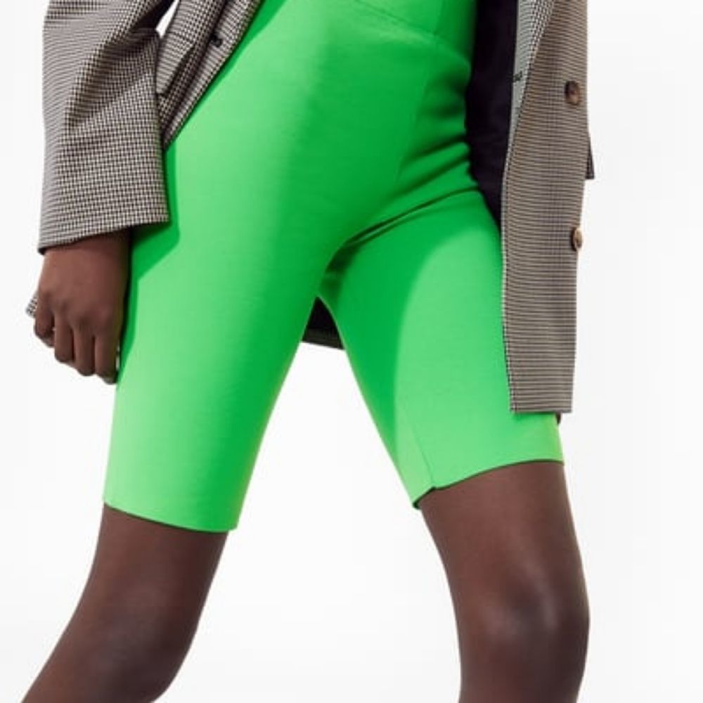 Zara neon green bike shorts long inseam stretchy fluorescent bright bermuda M
